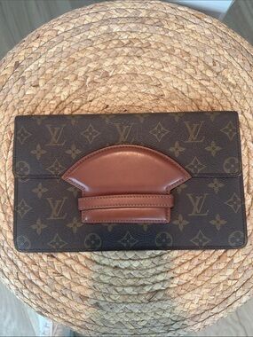 Louis Vuitton Monogram Canvas Brown & Tan Clutch with Leather Accent- Vintage
